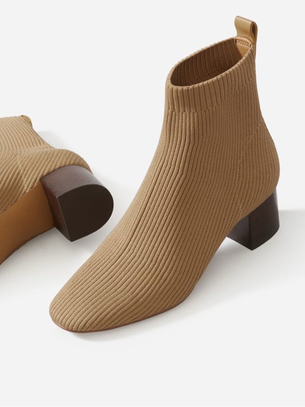 Everlane The Glove Heeled Knit Sock Ankle Boot in Tan/Camel